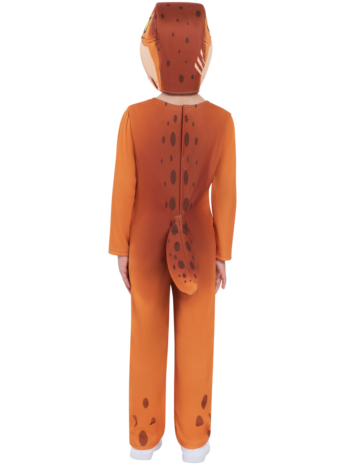 Back view of the orange T-Rex toddler jumpsuit with the attached tail