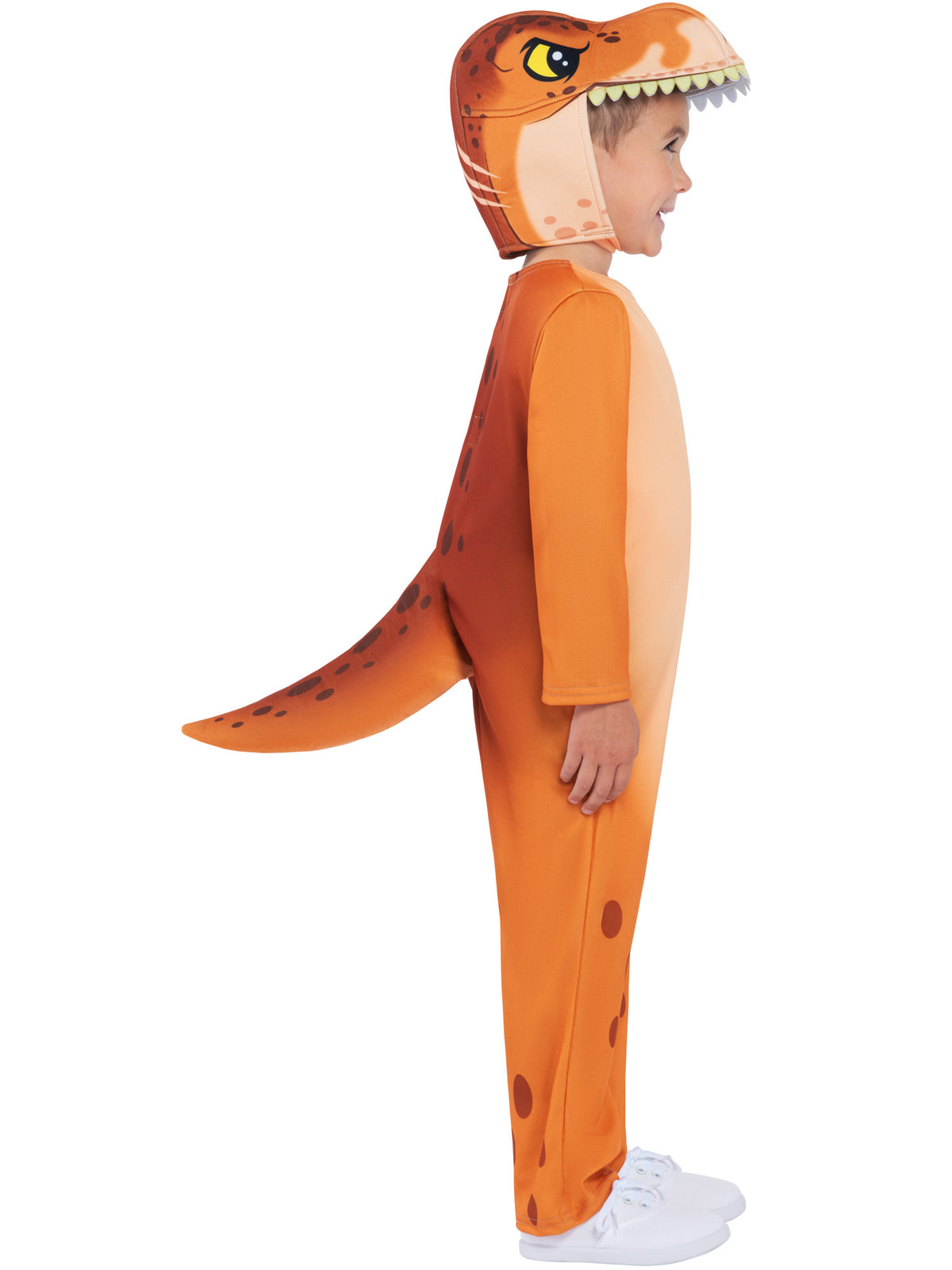 Side view of the toddler T-Rex costume showing the long stuffed tail