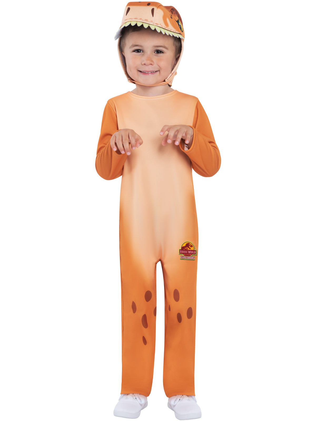 Toddler in the T-Rex jumpsuit with arms down and a felt-toothed headpiece on