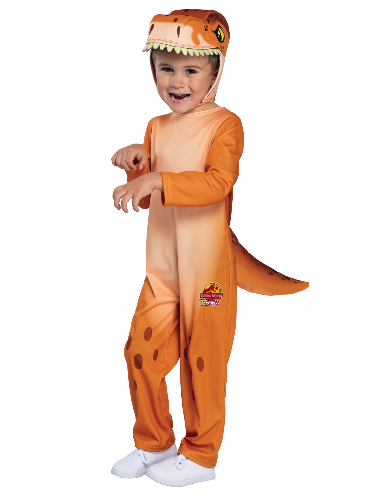 Toddler in the orange T-Rex jumpsuit with a printed head cap and a tail, standing