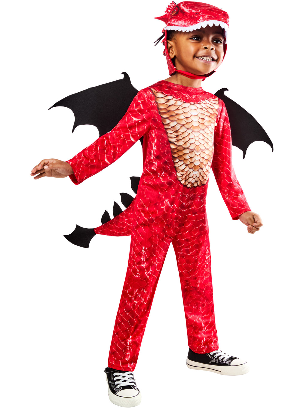 Child in the Red Dragon jumpsuit with scalloped black wings and 3D scales headpiece