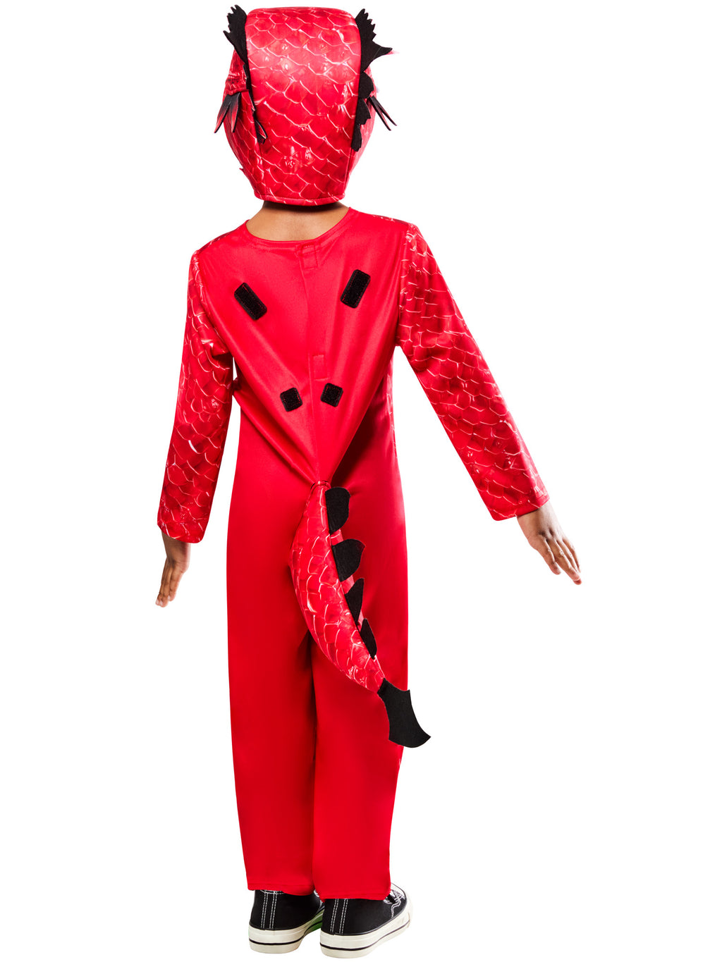 Child in the red Dragon jumpsuit with dragon headpiece, wings removed
