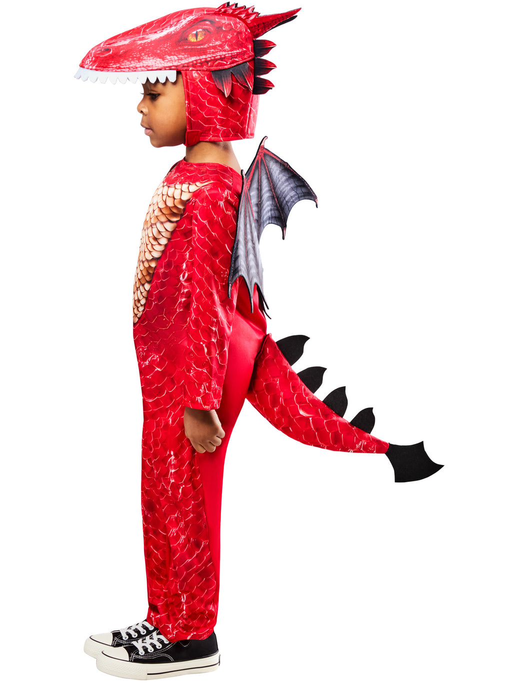 Side view of the Red Dragon costume with detachable tail and wings