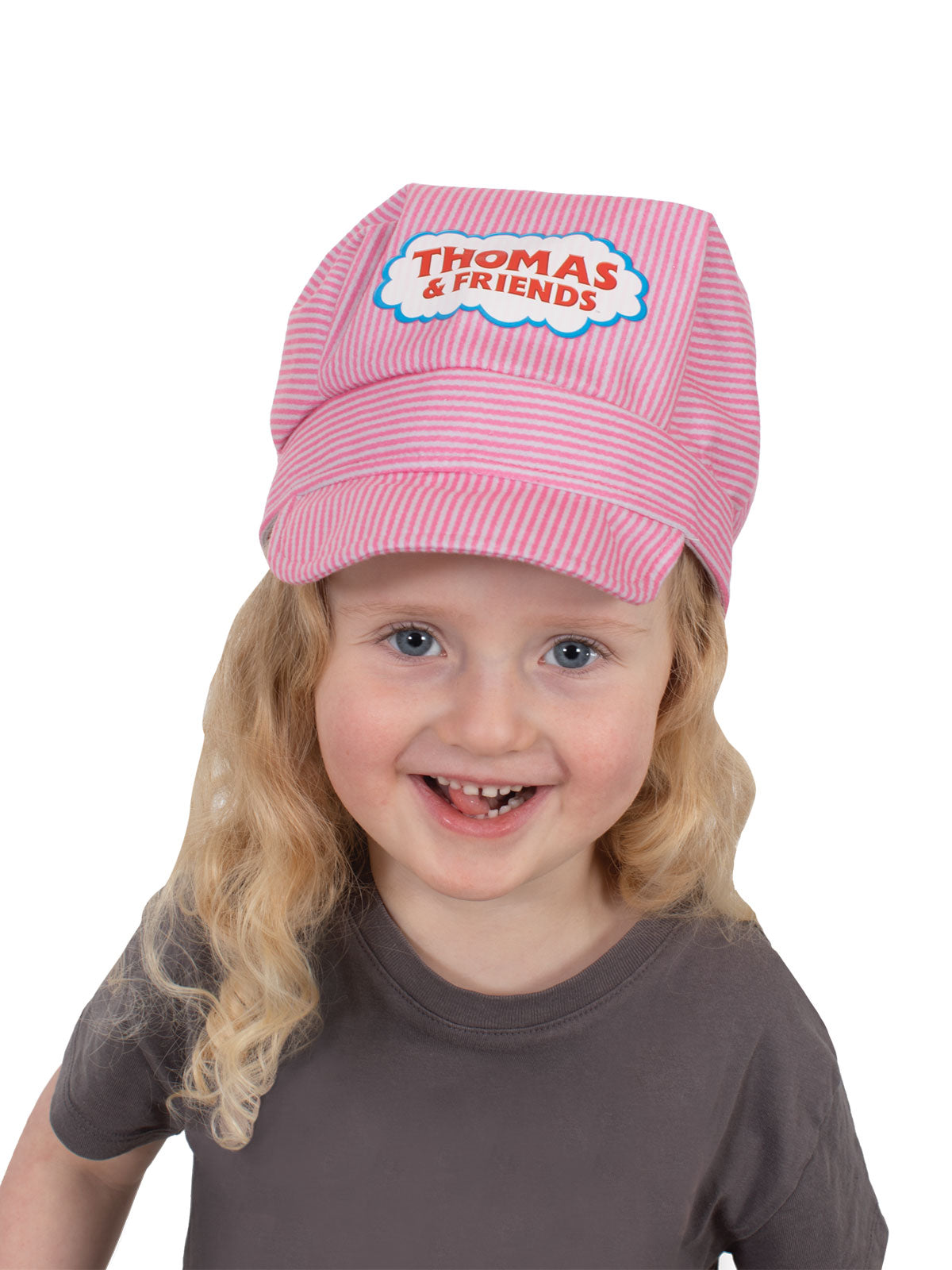 Girl wearing the pink and white striped Thomas the Tank Engine driver's hat