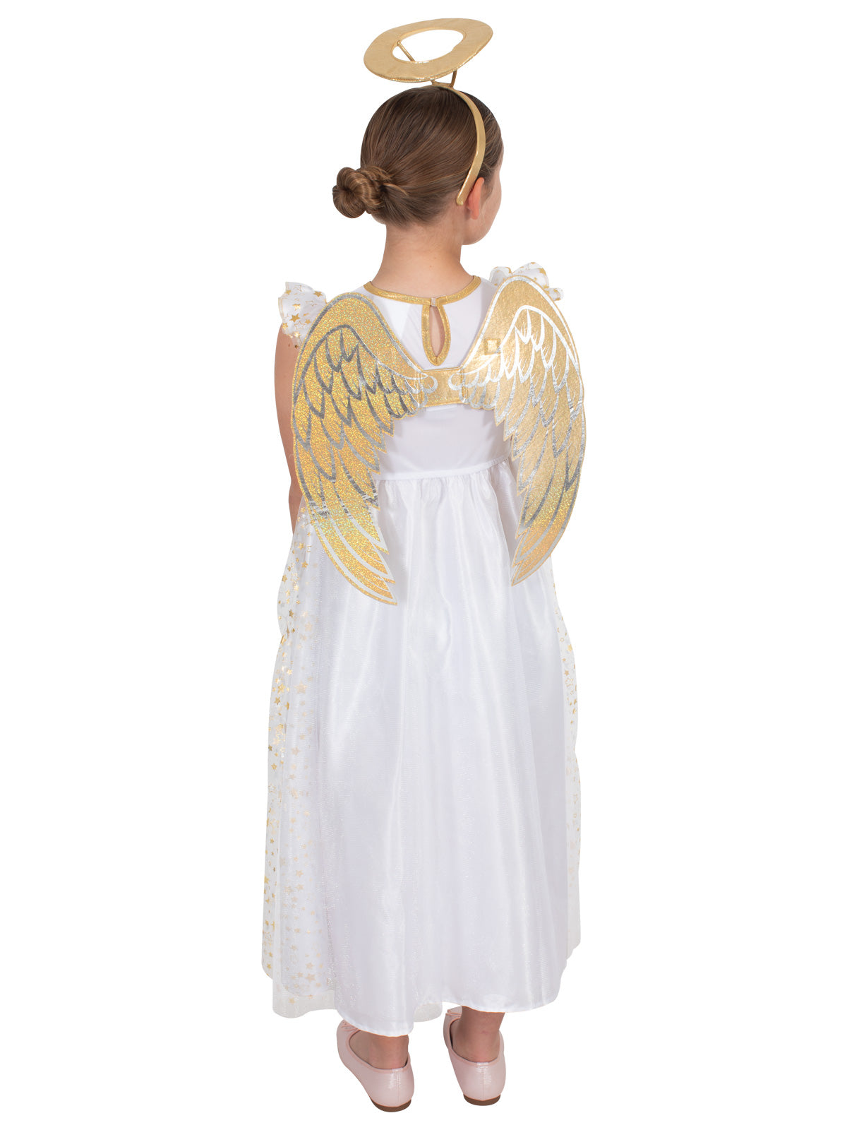 Back view of the Angel Deluxe Costume, Child, showing gold wire-frame wings