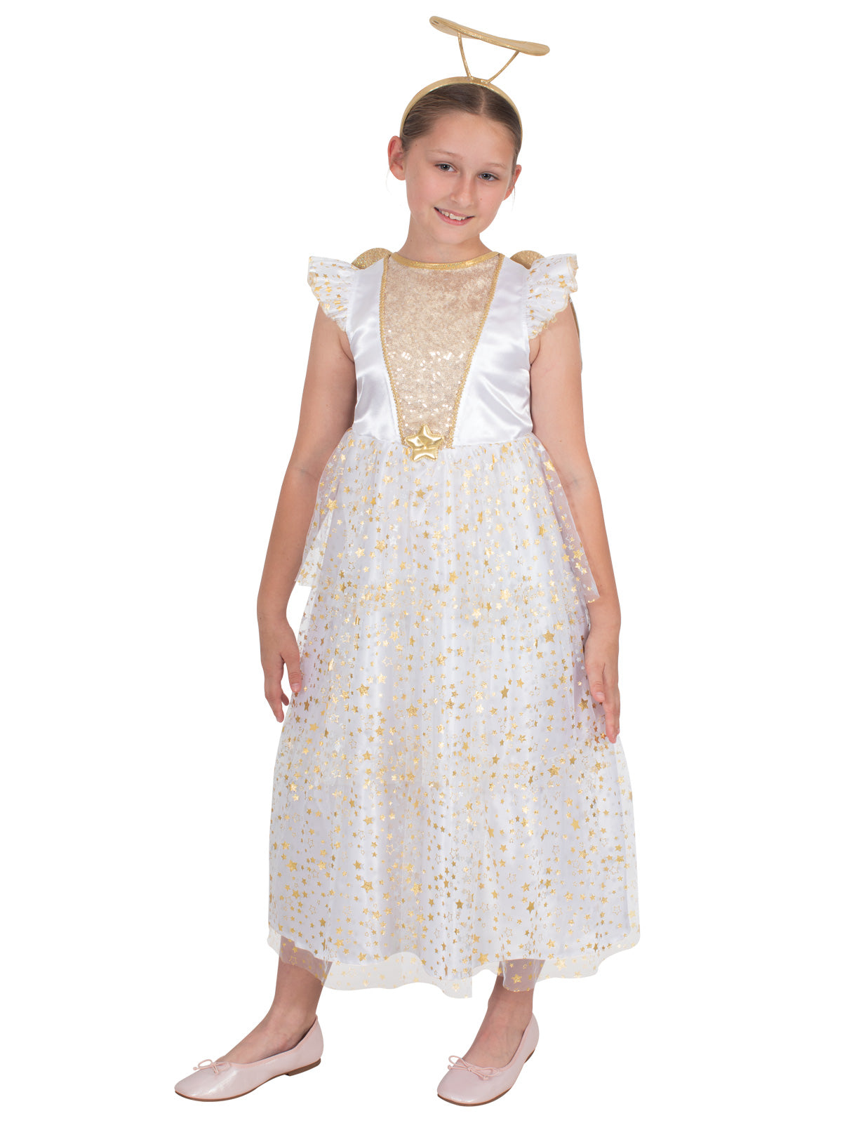 Girl wearing the angel dress with gold sequin bodice detail and halo