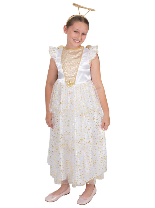 Girl in the long white angel dress with gold star print and halo headband