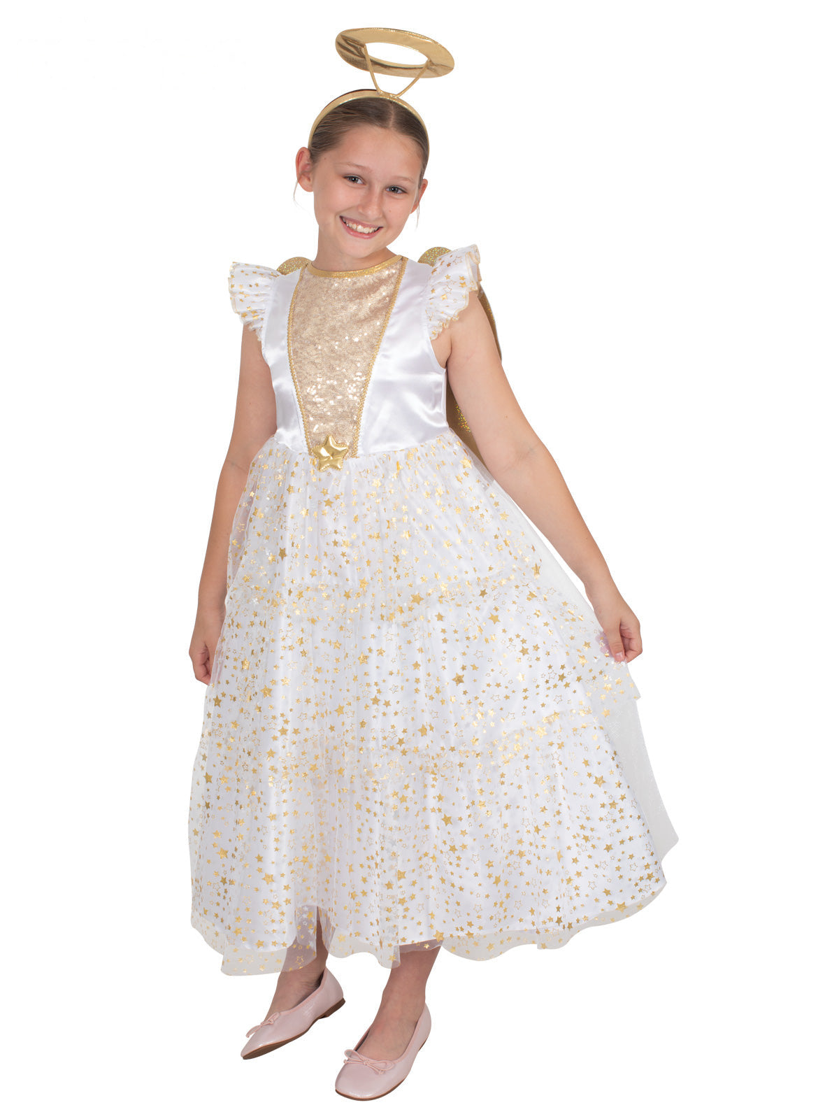 Girl wearing a white angel dress with shimmery gold-star tulle, frilly cap sleeves and gold halo headband