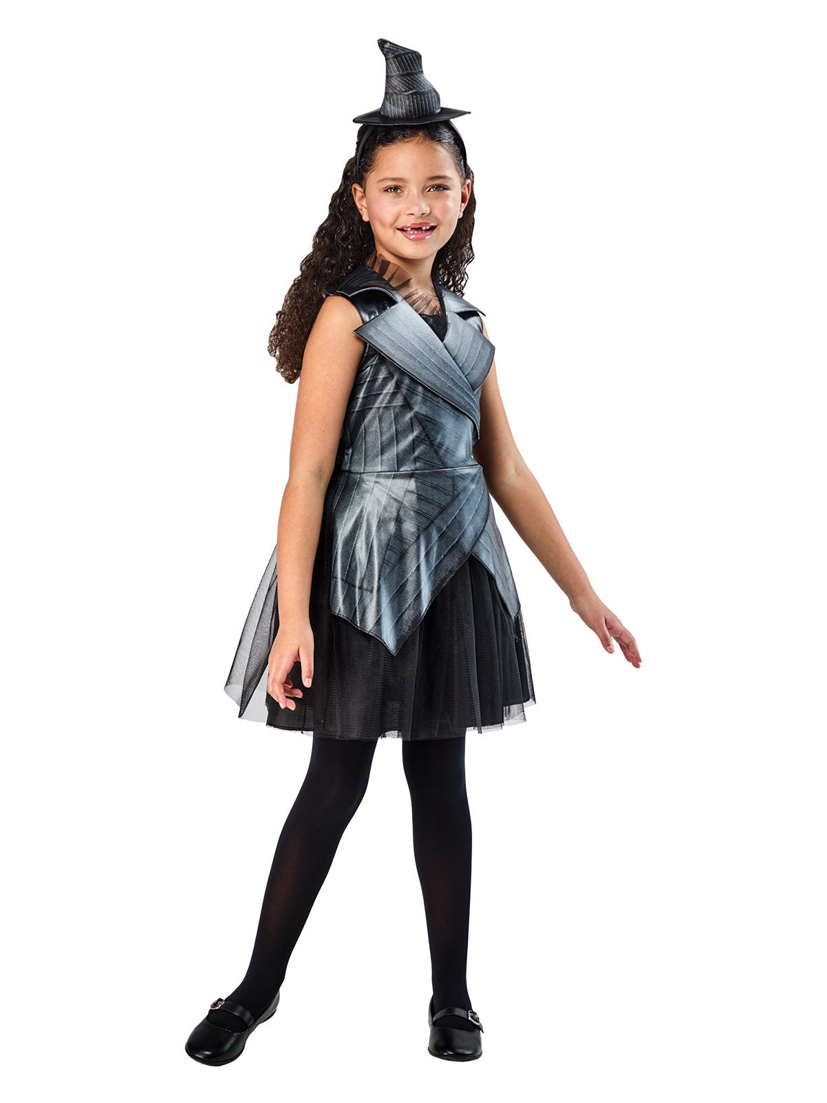 Front view of the Elphaba deluxe costume with a crossover jacket and black tulle skirt