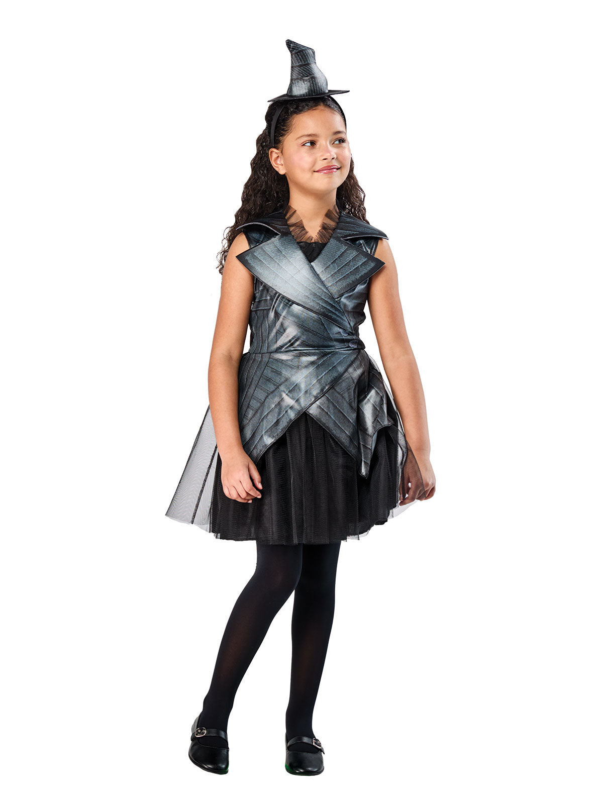 Girl in the Elphaba deluxe dress standing with her arms by her sides