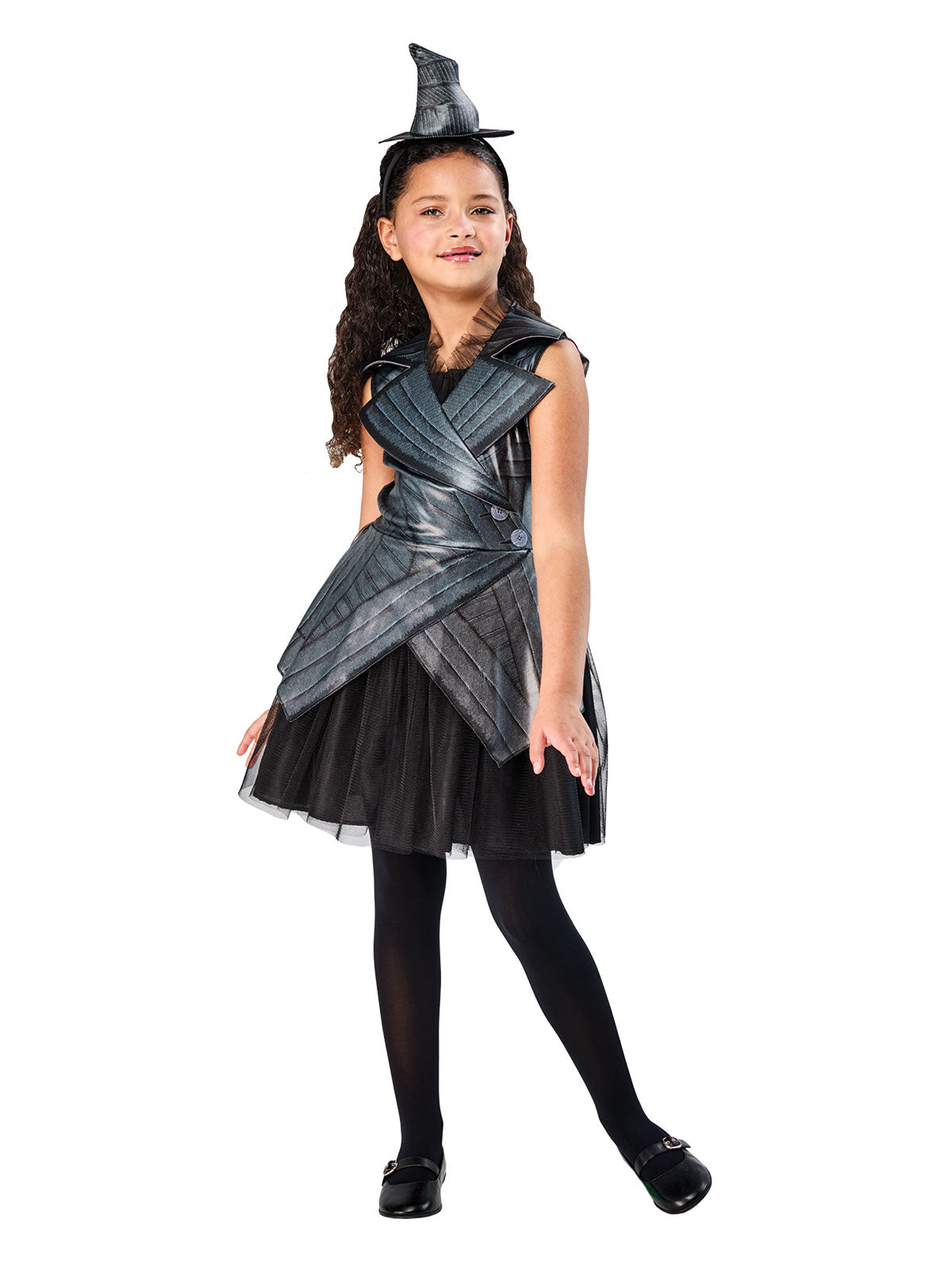 Elphaba deluxe costume worn with black tights, showing the jacket lapels and tulle hem