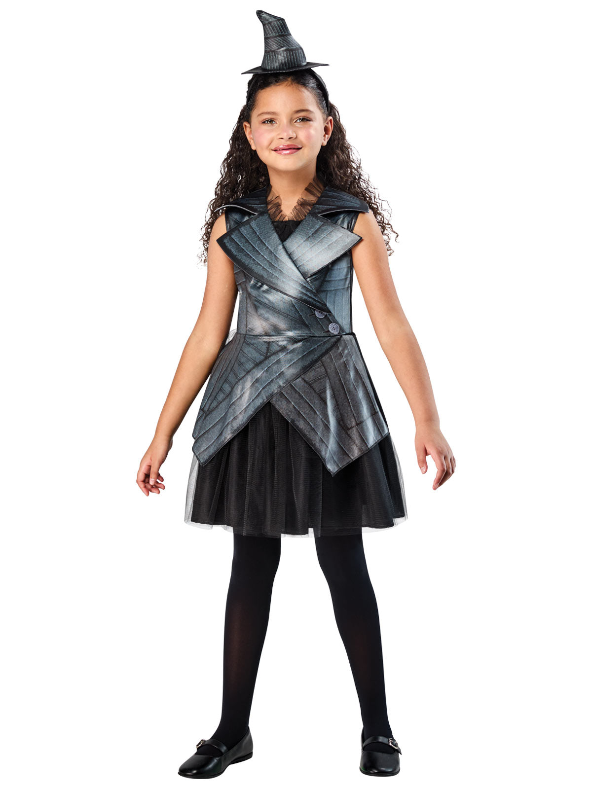 Three-quarter view of the Elphaba deluxe dress with a crooked mini hat