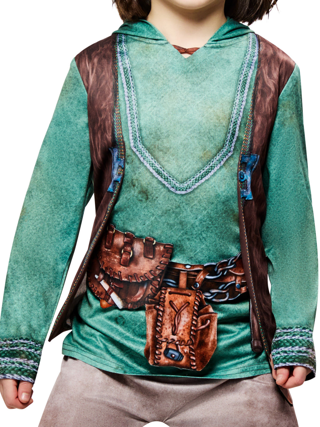 Close-up of the Hiccup jumpsuit's printed jacket, belt and pouch