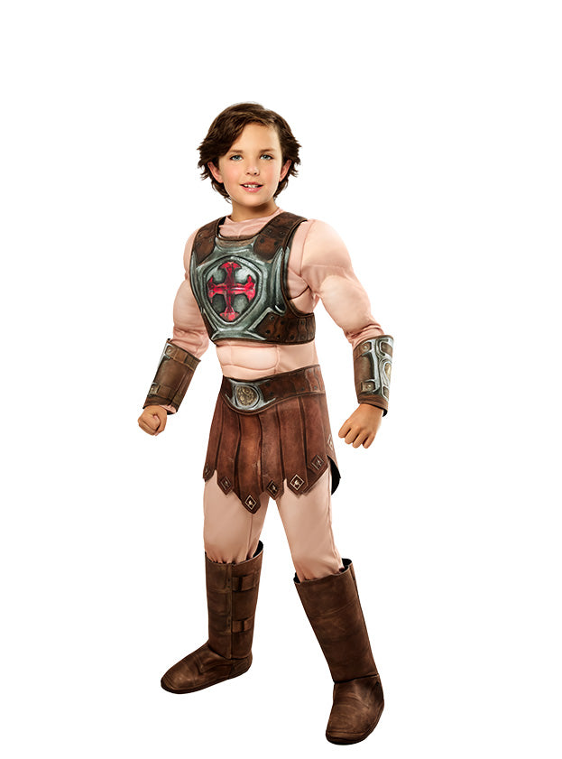 Boy wearing the He-Man deluxe costume with padded arms and wrist cuffs