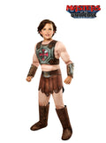 Boy in a He-Man deluxe muscle jumpsuit with battle armour harness, loincloth tunic and boot tops