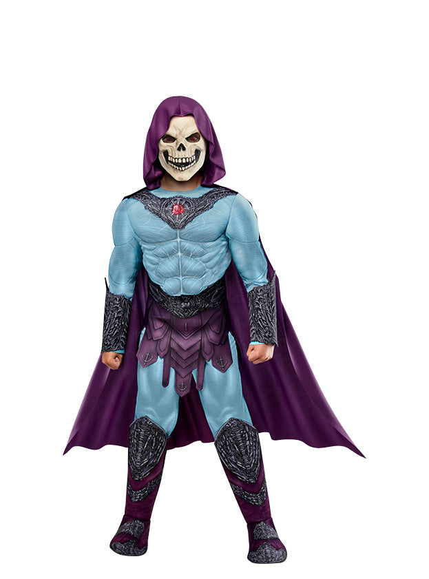 Boy wearing the Skeletor costume with blue muscle chest, gauntlets and boot tops