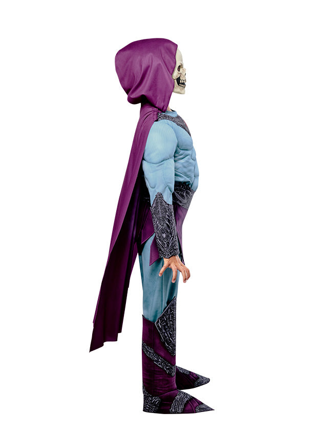 Boy side-on in the Skeletor costume with flowing purple cape