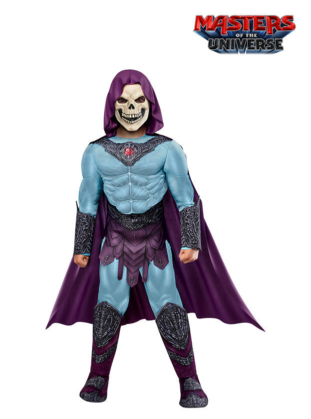Boy in a Skeletor deluxe muscle jumpsuit with skull mask and hooded purple cape