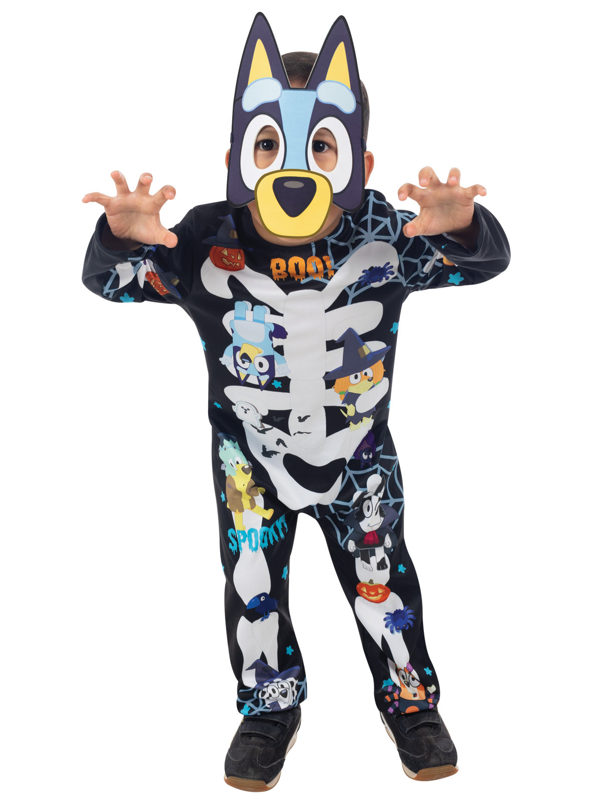 Child making a spooky pose in the Bluey Halloween skeleton-print jumpsuit and Bluey mask