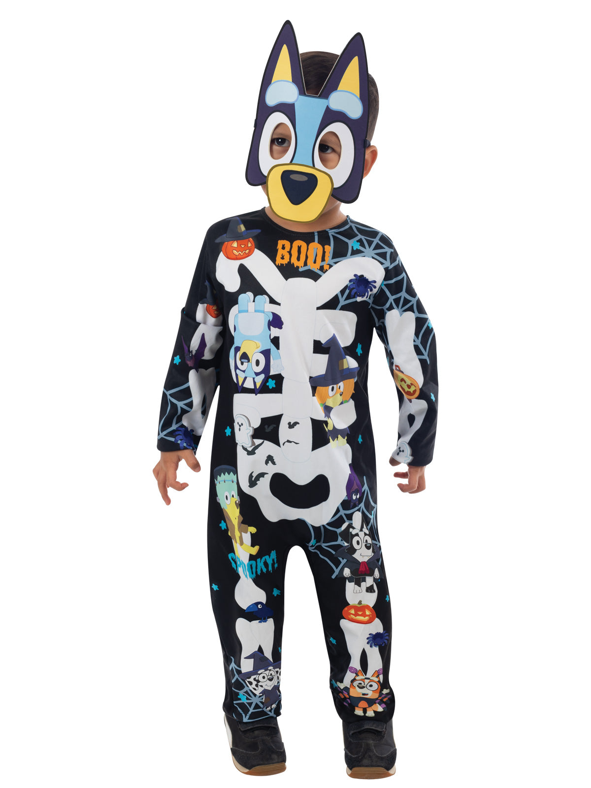 Child standing in the Bluey Halloween jumpsuit with skeleton print and 3D Bluey mask