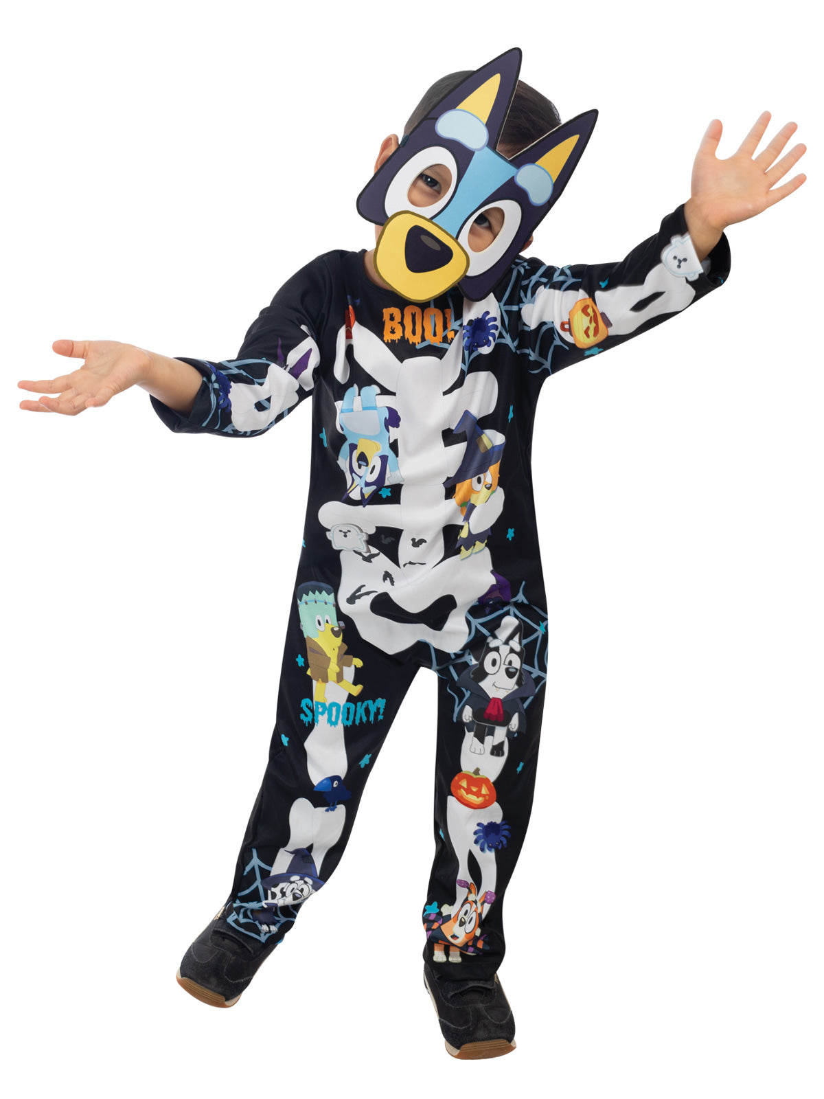 Child posing in the Bluey Halloween costume with printed bones, pumpkins and ghosts