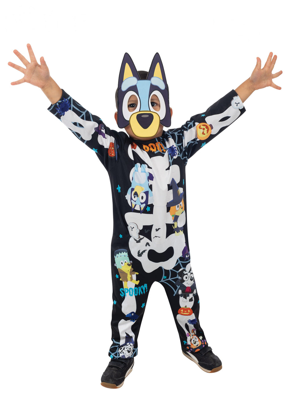 Child in a black Bluey Halloween jumpsuit printed with bones, Bingo, pumpkins and ghosts, plus soft EVA Bluey mask