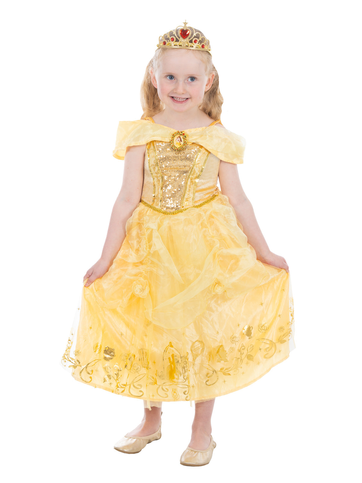 Girl holding out the flowing yellow satin skirt of the Belle Deluxe dress