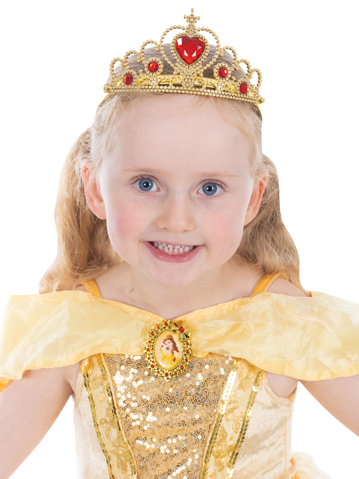 Close-up of the Belle gold tiara with red faux gems and gold foil bodice with pendant