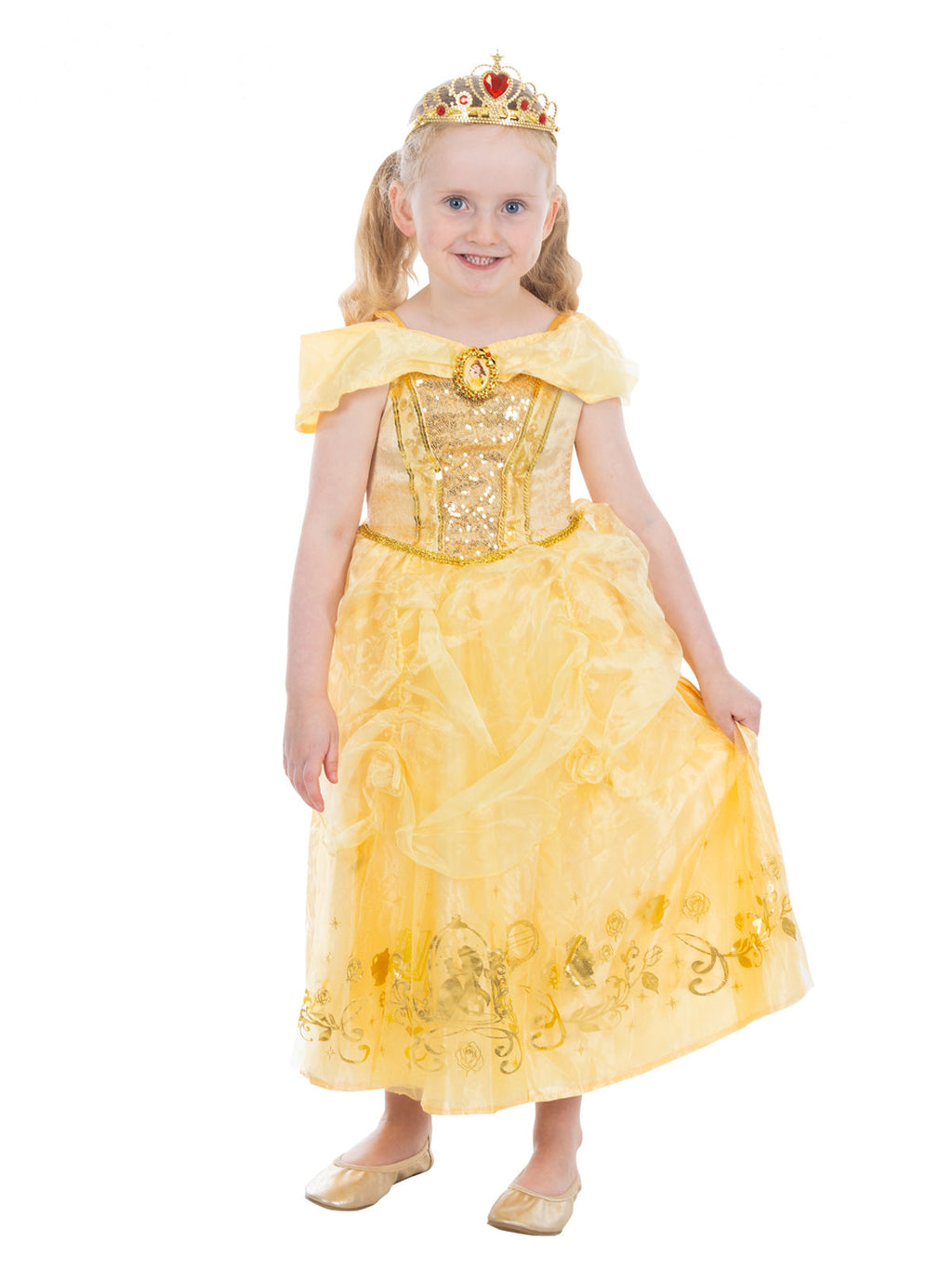 Girl wearing a yellow Belle deluxe dress with gold foil bodice, character pendant, ruffled peplum and tiara
