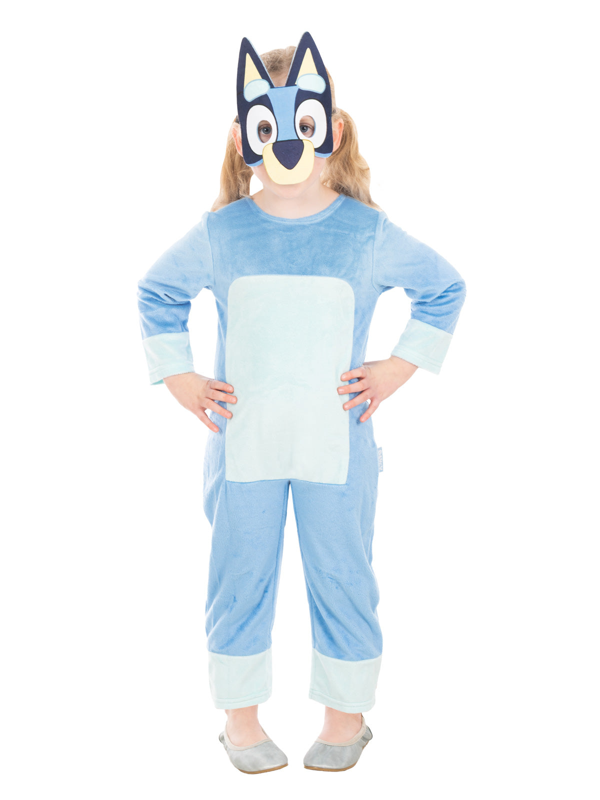 Child wearing the Bluey Deluxe jumpsuit with cream tummy panel and 3D Bluey mask