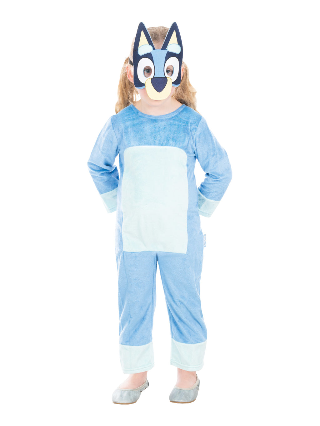 Child posing in the Bluey Deluxe printed jumpsuit and mask