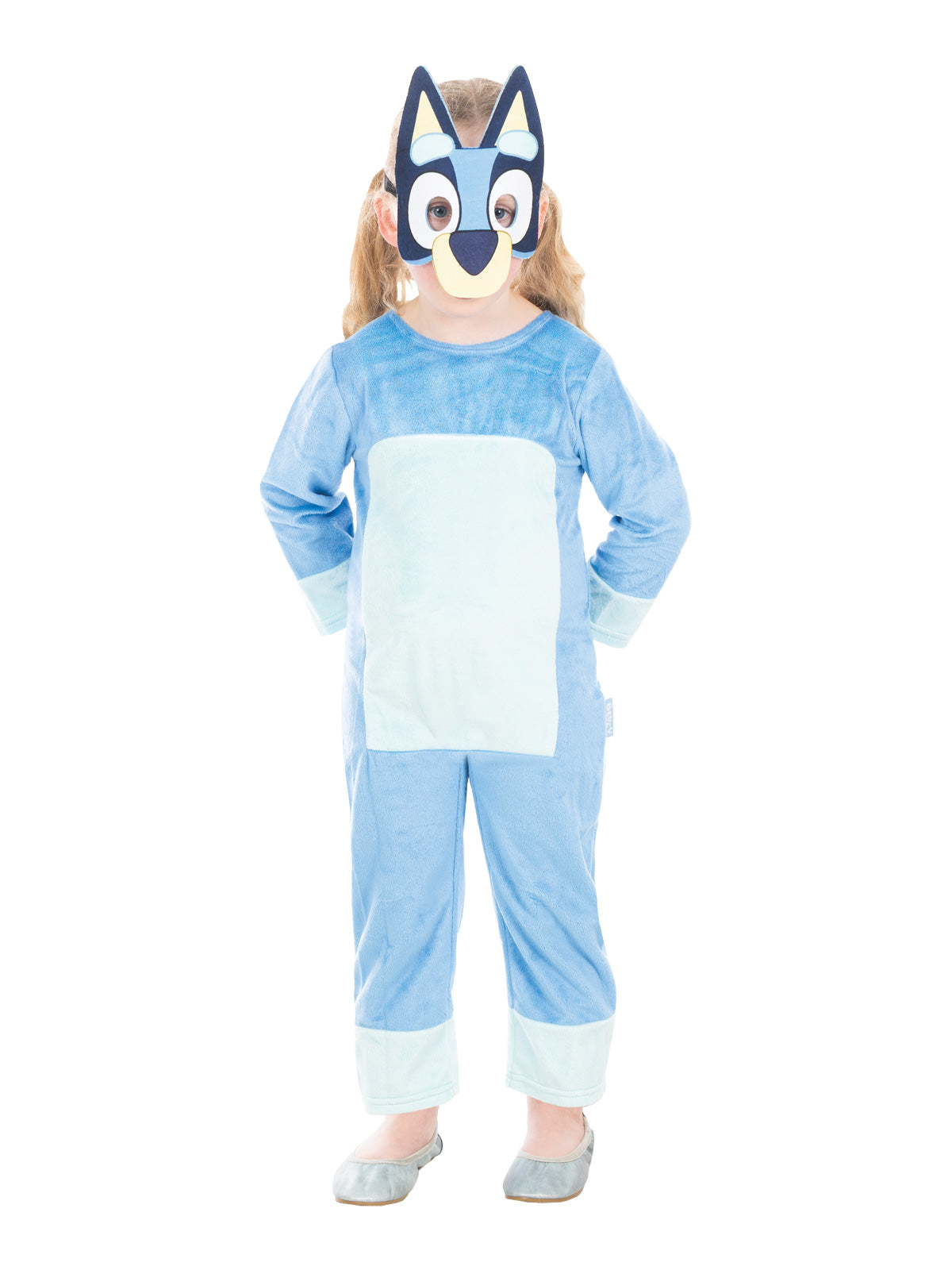 Child posing in the Bluey Deluxe printed jumpsuit and mask