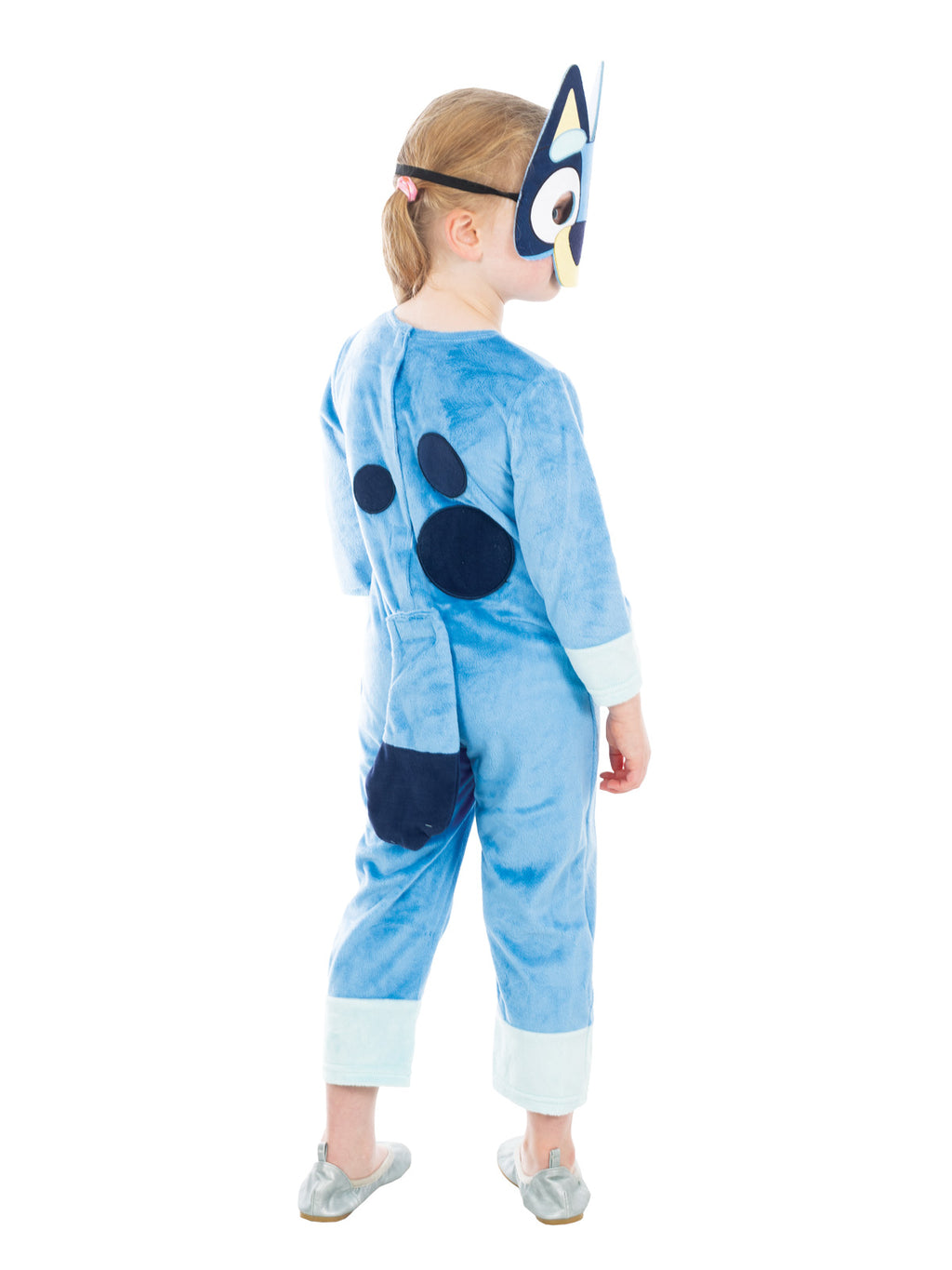Back view of the Bluey Deluxe Costume, Child, showing the spots and fibre-filled tail