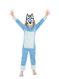 Child in a deluxe Bluey printed jumpsuit with stuffed tail and soft EVA Bluey face mask