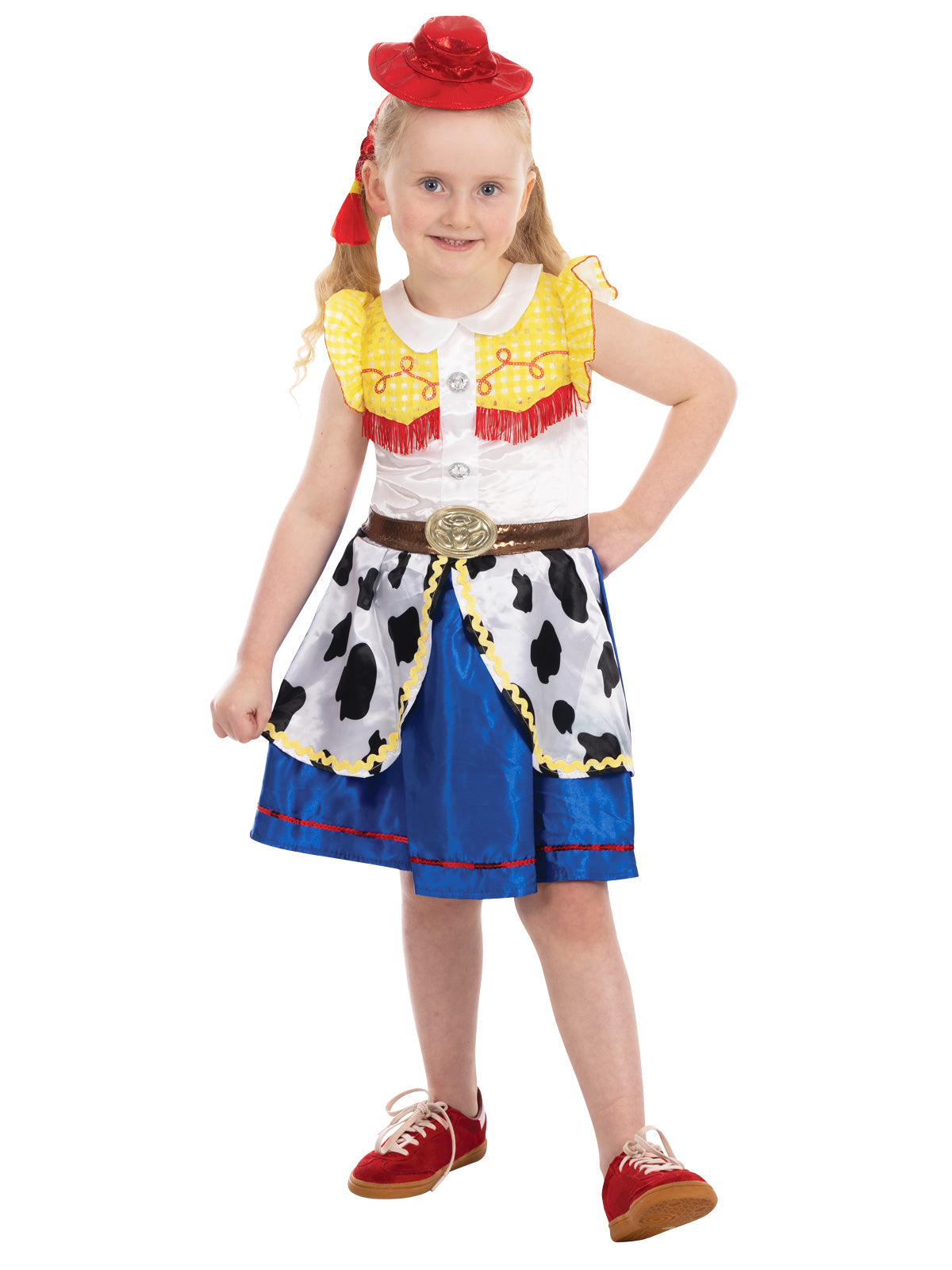 Girl with hands on hips in the Jessie Deluxe pocket dress with a red cowgirl hat and plait