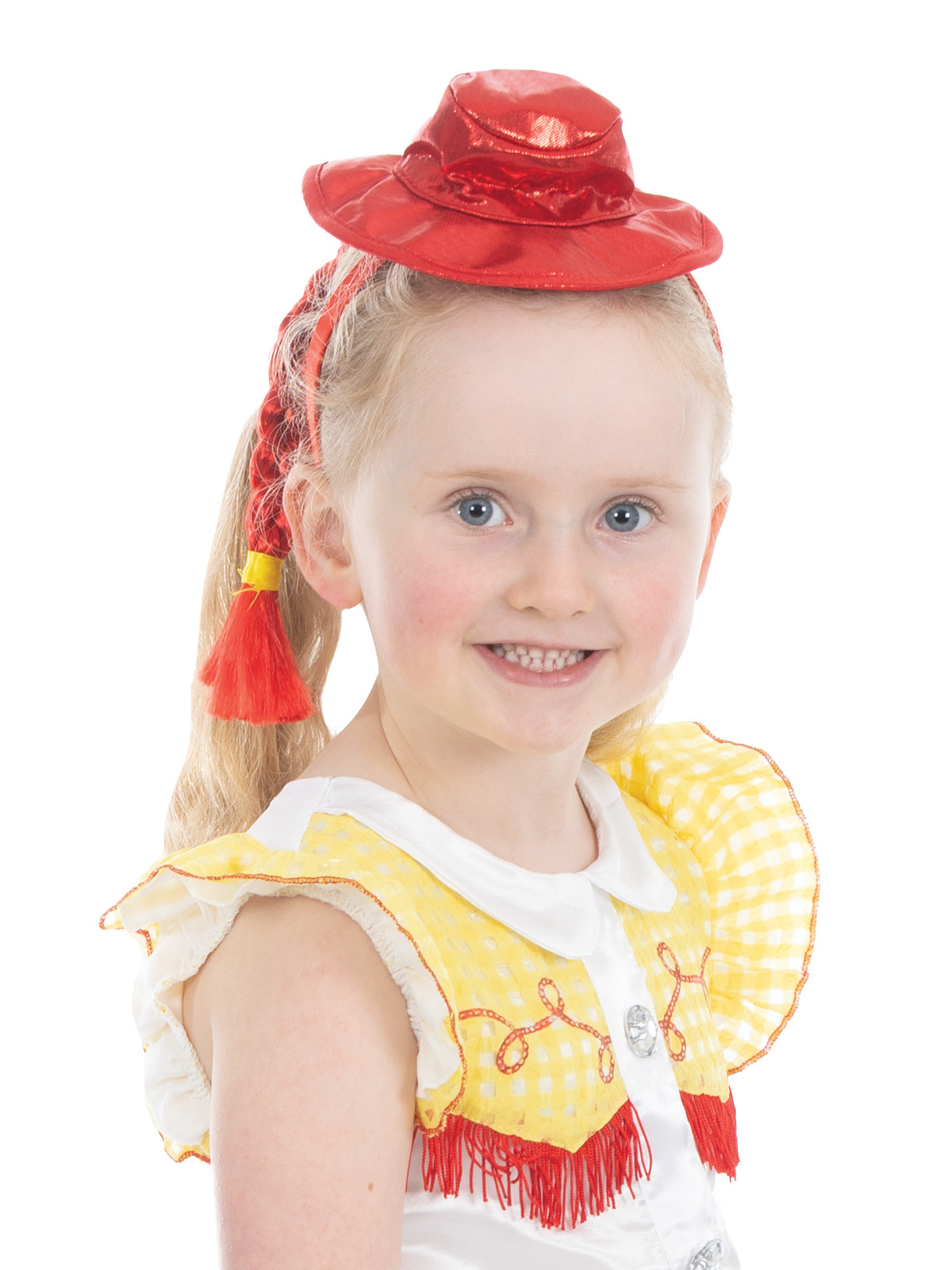 Close-up of the Jessie Deluxe red cowgirl hat with plait and frilly yellow shoulder sleevelets