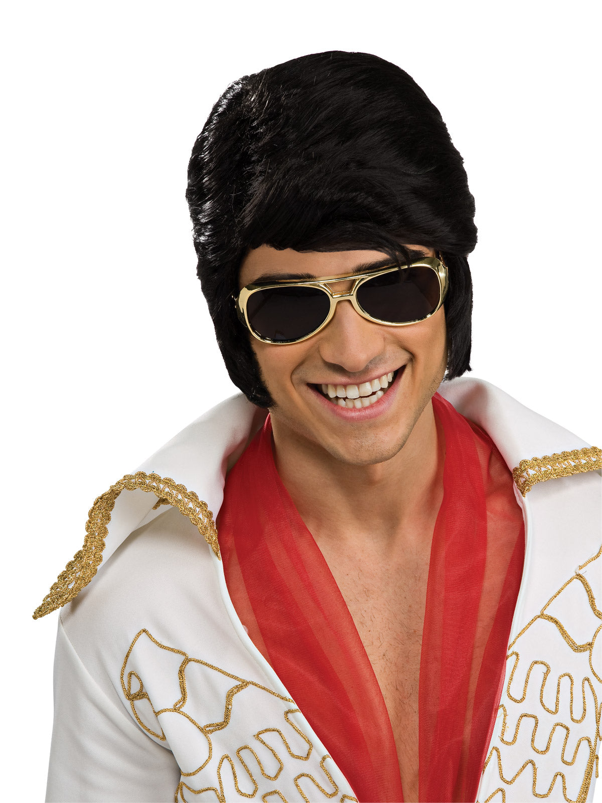 Man wearing gold-framed Elvis sunglasses with dark lenses