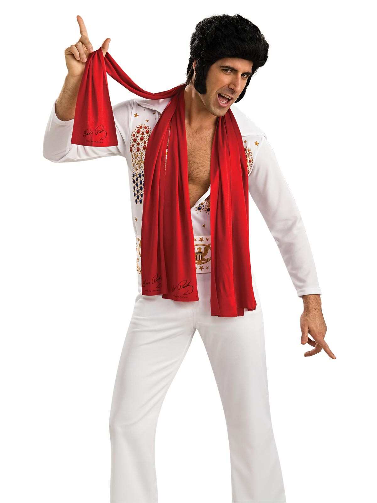 Man in a white Elvis costume wearing a red Elvis scarf