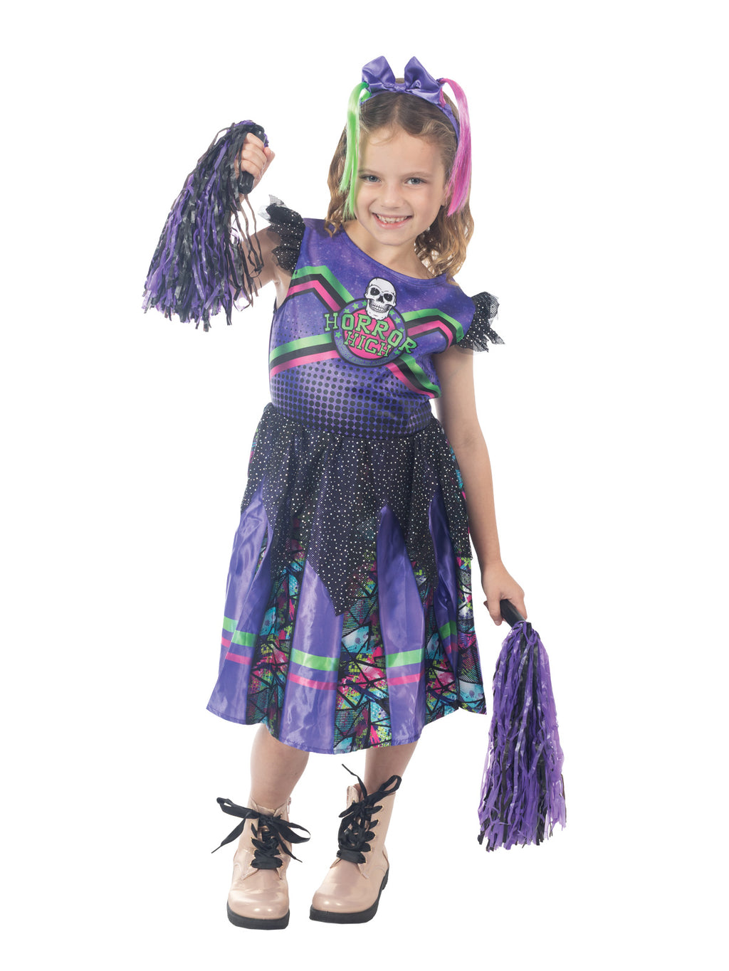 Girl posing with pom poms in the gothic cheerleader costume