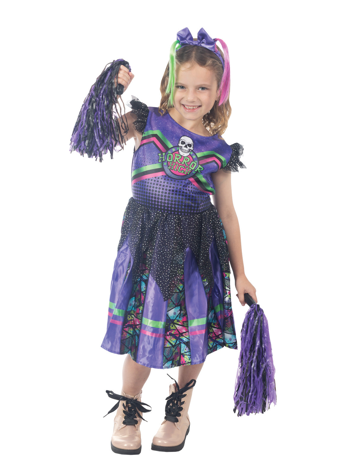 Girl posing with pom poms in the gothic cheerleader costume