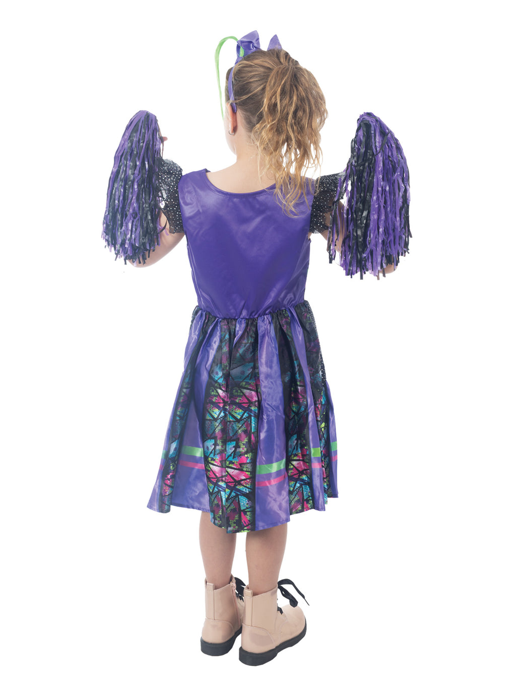 Back view of the Gothic Cheerleader Costume, Child, showing the pigtail headband