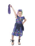 Girl in a purple and black gothic cheerleader dress with pigtail headband and pom poms