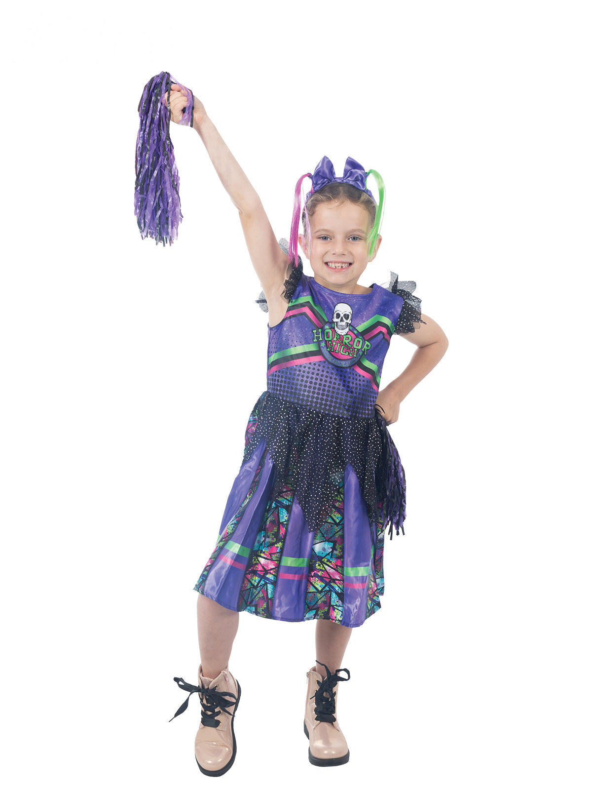 Girl in a purple and black gothic cheerleader dress with pigtail headband and pom poms