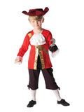Boy in Captain Hook costume with red jacket, ruffled shirt, black pantaloons, hat and foam hook