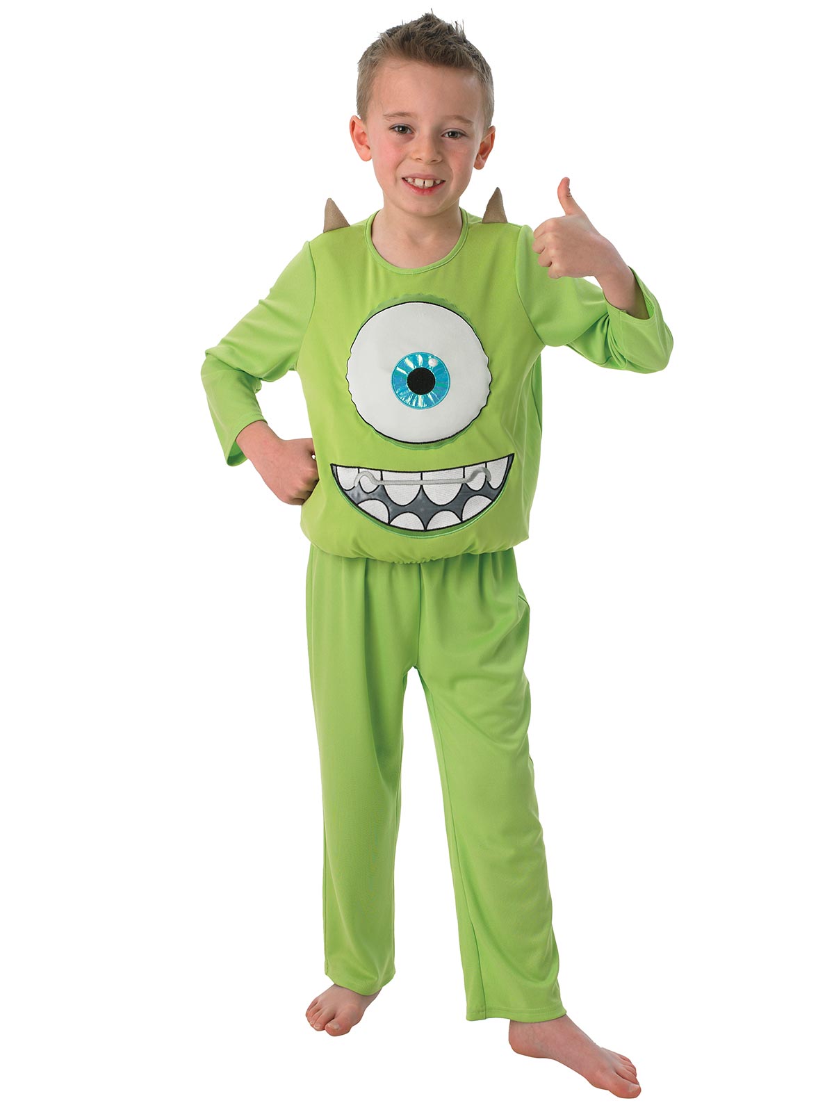 Boy in the Disney Pixar Monsters, Inc. Mike Wazowski lime green top with a big eye and mouth, plus pants