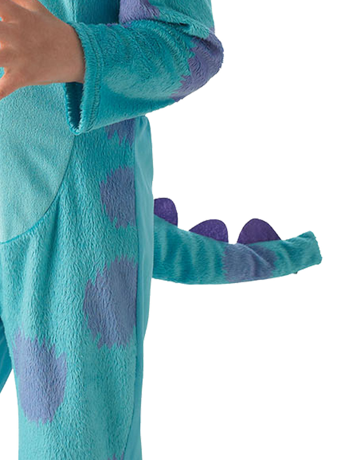 Close-up of the Sully jumpsuit's faux fur, purple spots and fibre-filled tail with felt ridges
