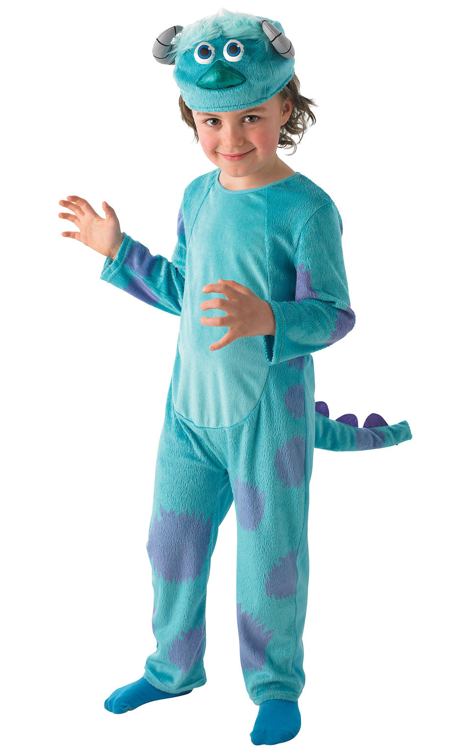 Child in a furry blue Sully jumpsuit with purple spots, spiky tail and monster headpiece with horns