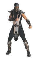 A man wearing a Sub-Zero costume from the Mortal Kombat franchise, featuring a black and white ninja outfit with silver accents, a black and white mask, and matching arm and leg guards.