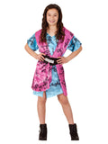 Girl in Descendants Lonnie kimono-style dress in pink and blue floral print with black belt