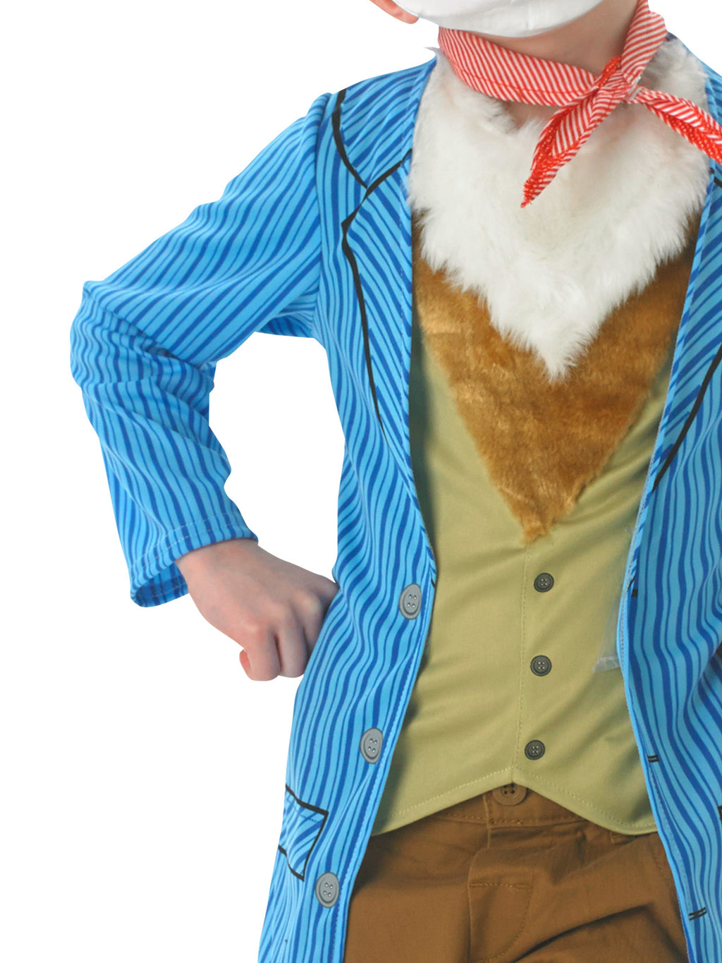 Close-up of the Mr Fox blue pinstripe mock jacket, two-tone faux-fur chest and striped neckerchief